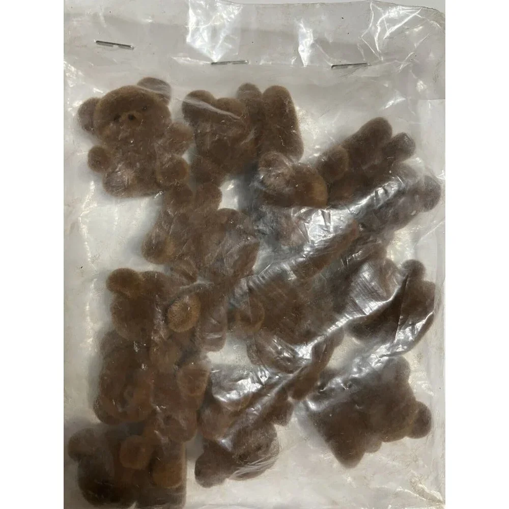 Vintage Set of 12 Tiny Brown Teddy Bears Flocked Plastic